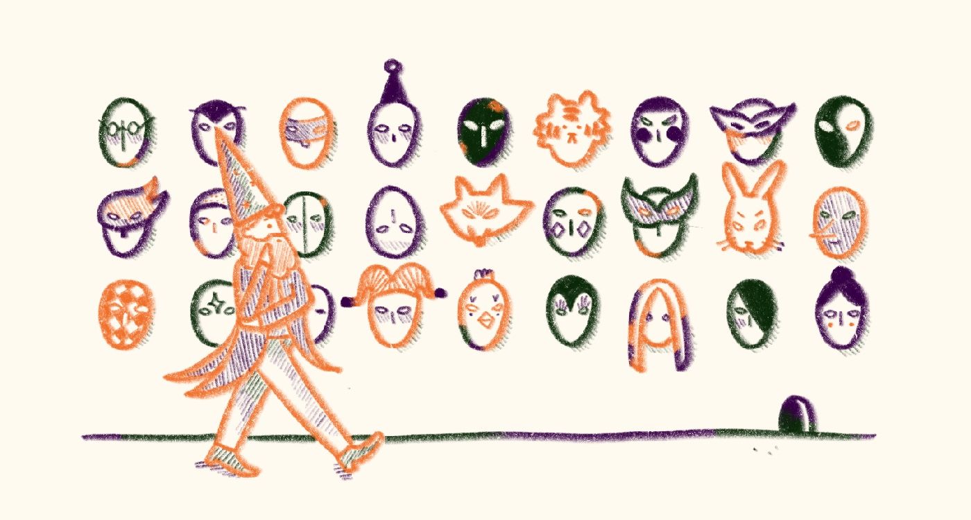 Dr. Fox walking past a wall of masks, pencil drawing by dangerlam