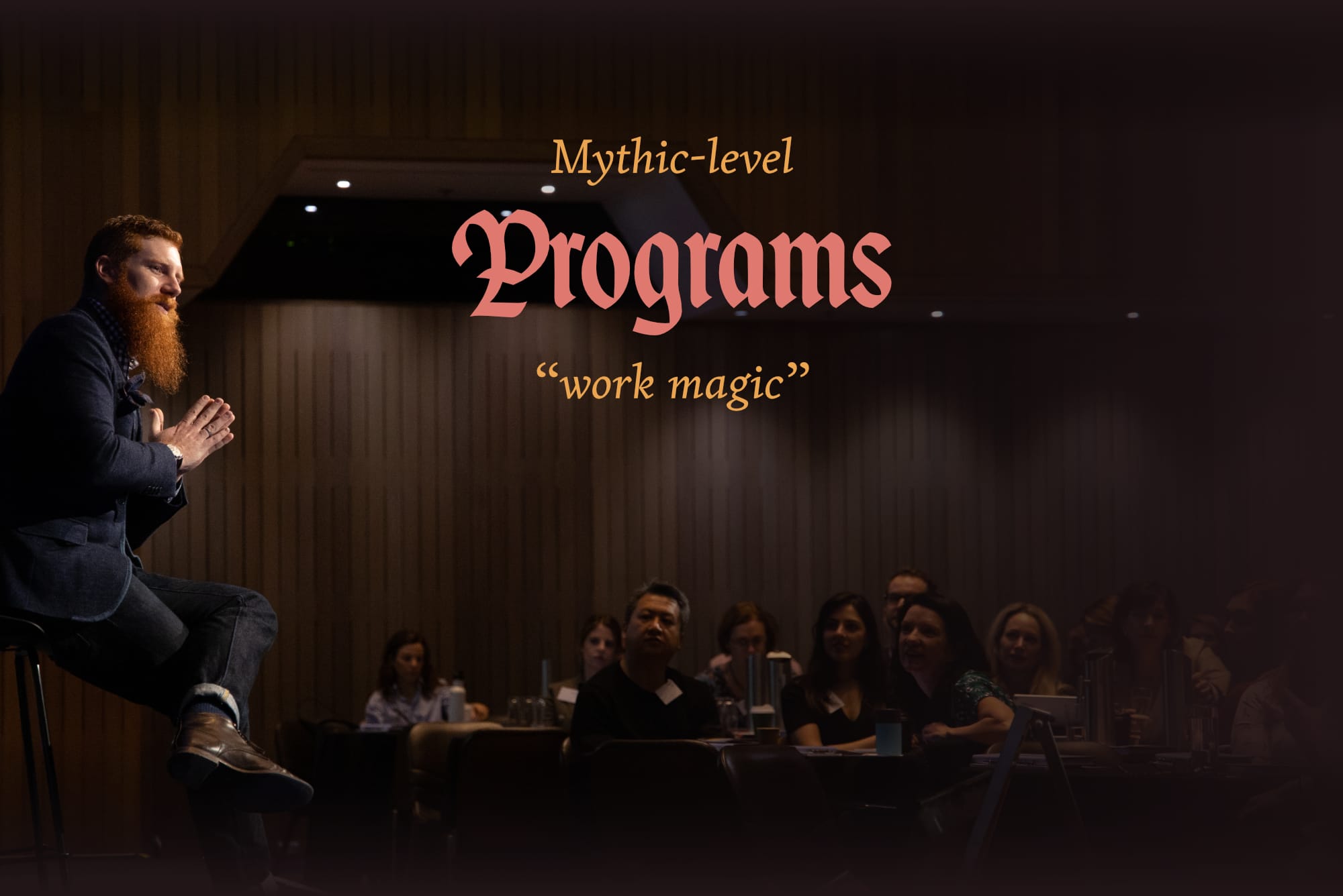 Consulting & mythopoetic guidance for leading & questing amidst the emergent. This image shows a close up of Dr. Jason Fox on stage in front of a screen with a kraken. “Be the one they turn to” is captioned.