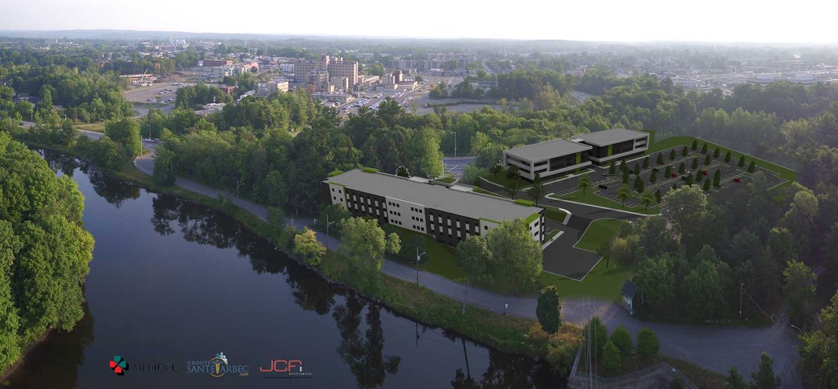 Une illustration montrant, au premier plan, le CHSLD de 99 lits dont la construction vient de s’amorcer près de l’hôpital, et