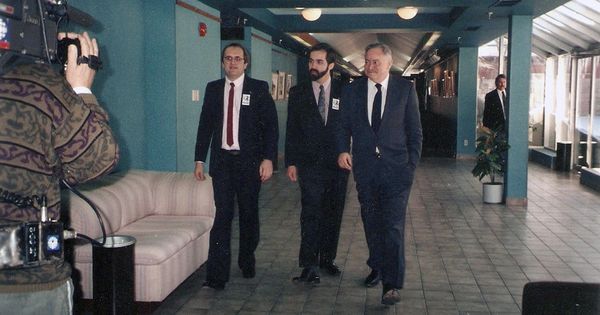 Mario Fauteux lors de la campagne référendaire de 1995, avec Daniel Paillé, alors député de Prévost, et de Jacques Parizeau,