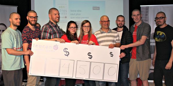 Ils ont remis 4500$ à Leucan au Cégep de Saint-Jérôme, le 20 avril 2016: Kevin L'Heureux, Einrick Tremblay,Simon Branchaud, M