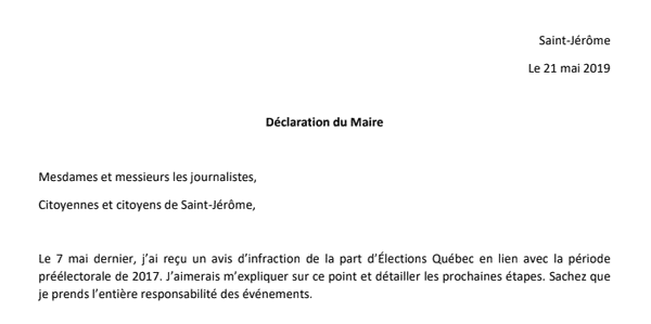 Déclaration de Stéphane Maher, maire de Saint-Jérôme