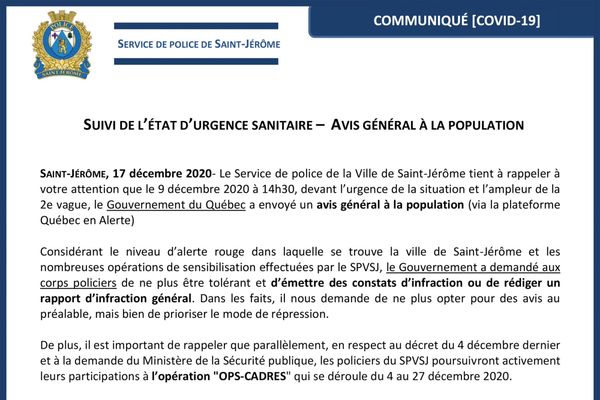 Le Service de police de Saint-Jérôme invite tout le monde à respecter les régles de l'état d'urgence sanitaire