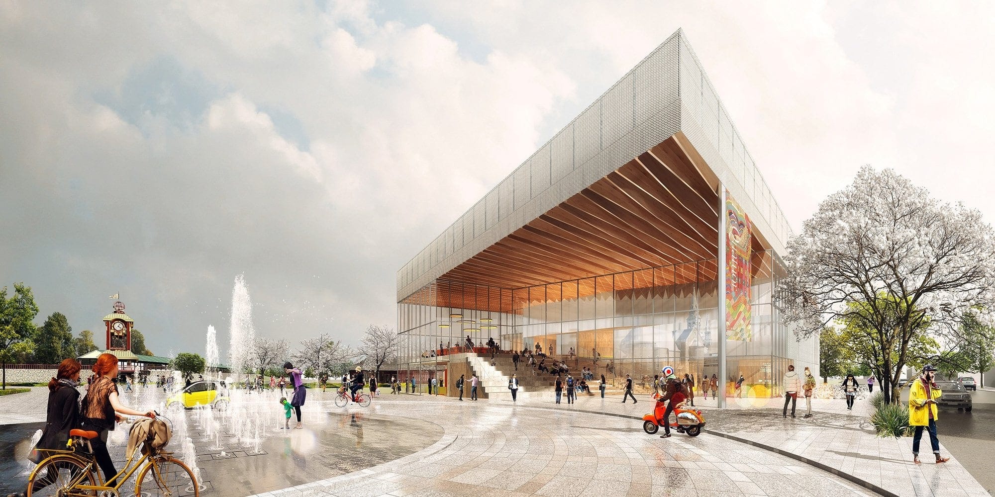 Un énorme dais de bois accueillera les gens dans l'enceinte de la salle, en lieu et place du bâtiment en stucco blanc qui sera démoli au printemps prochain.