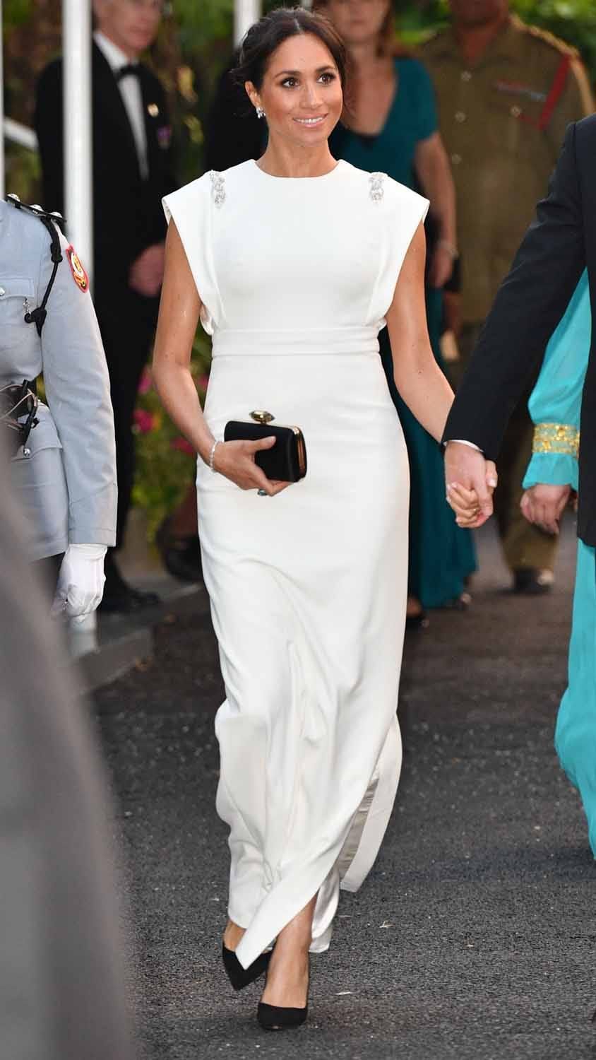 Meghan Caps Day 1 in Tonga in Theia Couture