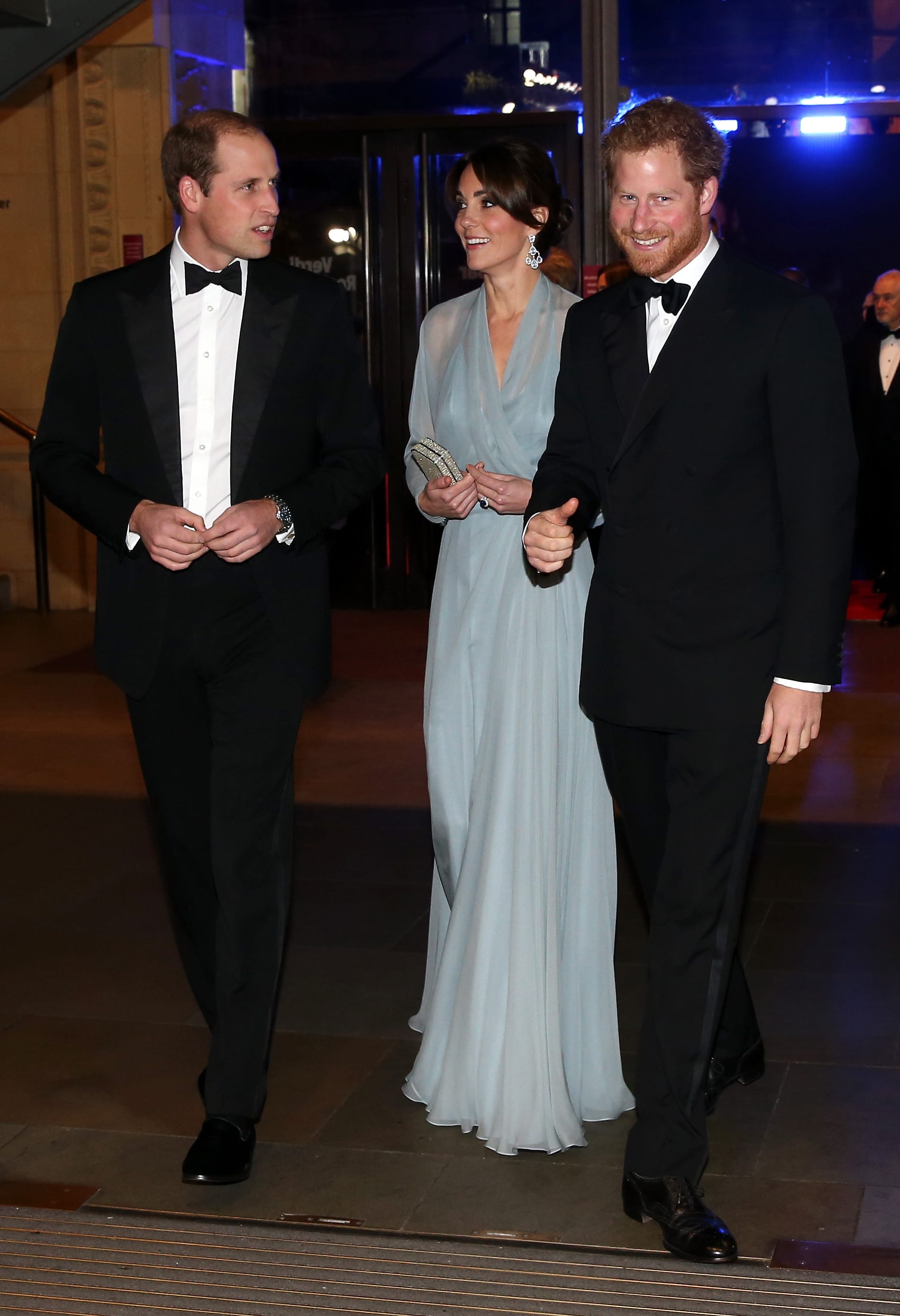 Royally Played: Wills, Kate (in Jenny Packham), and Harry at the Spectre Premiere