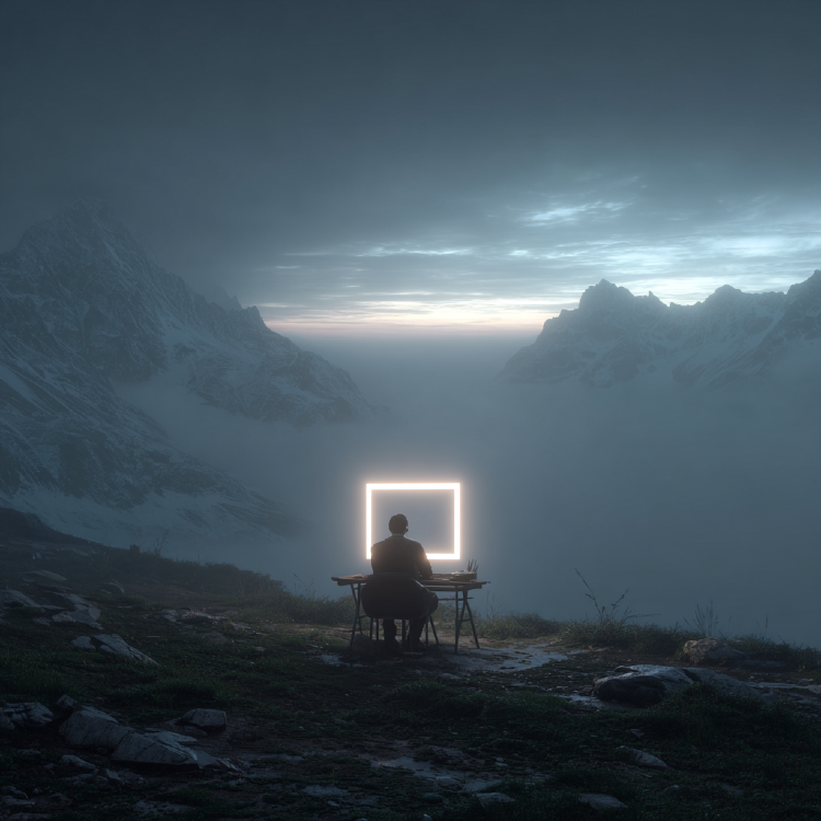 A man sits working a computer with an abstracted, glowing screen edge, and a beautiful mountain scene in the background