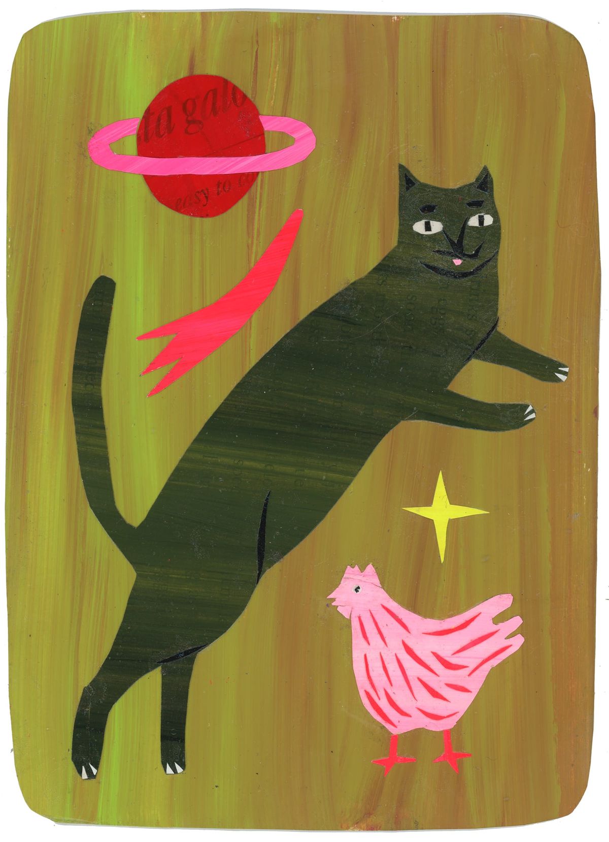 A dark green cat standing on his hind legs, leaping over a pink chicken with stars and planet in the sky.