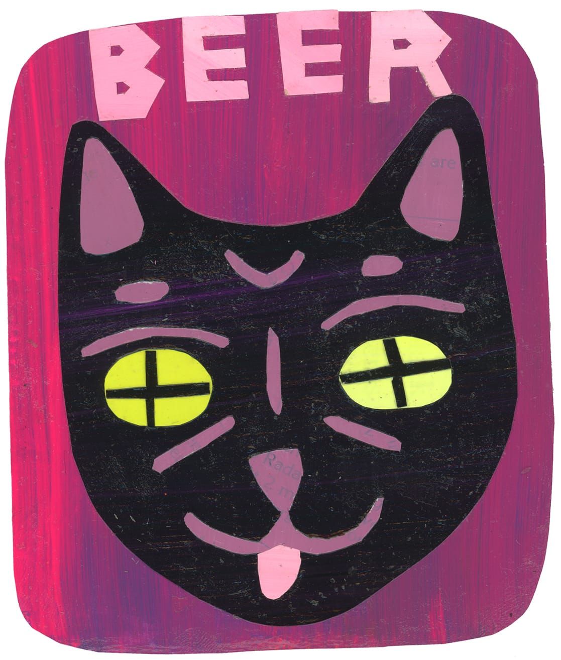 A black cat head with yellow eyes sticking her tongue out. Beer in pink at the top.