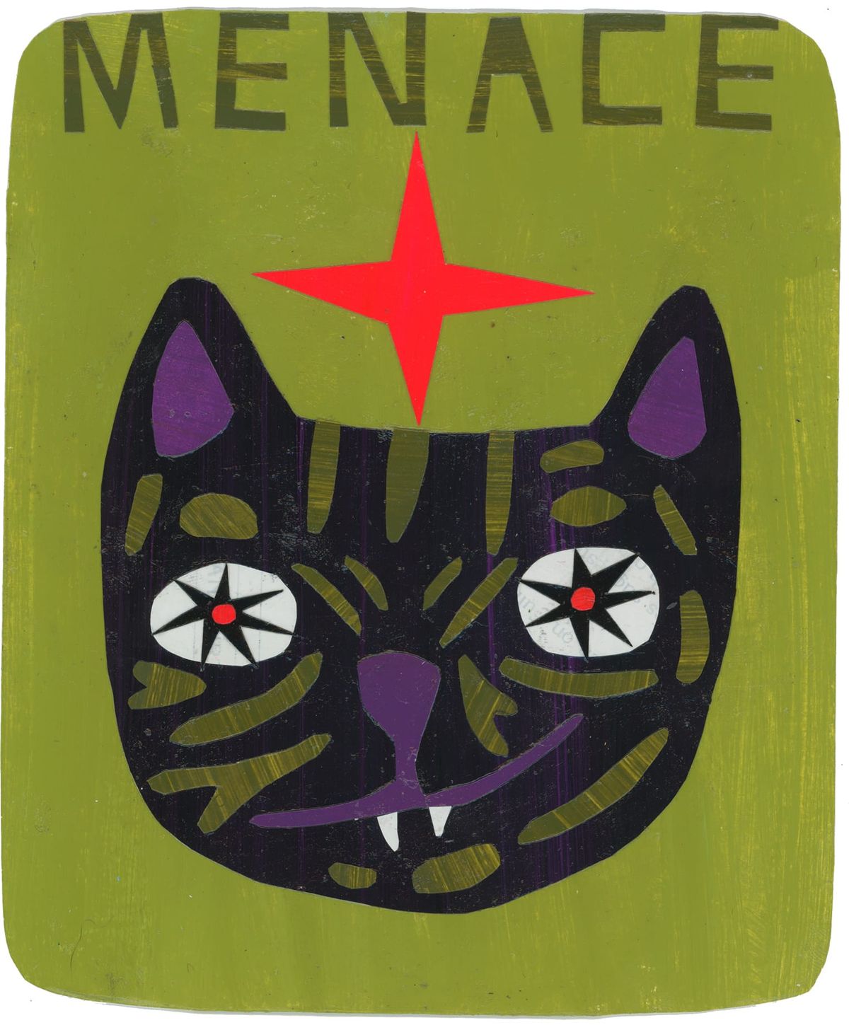 black cat head with green stripes on a green background with a red star over the head. It says "menace" at the top of the page. 