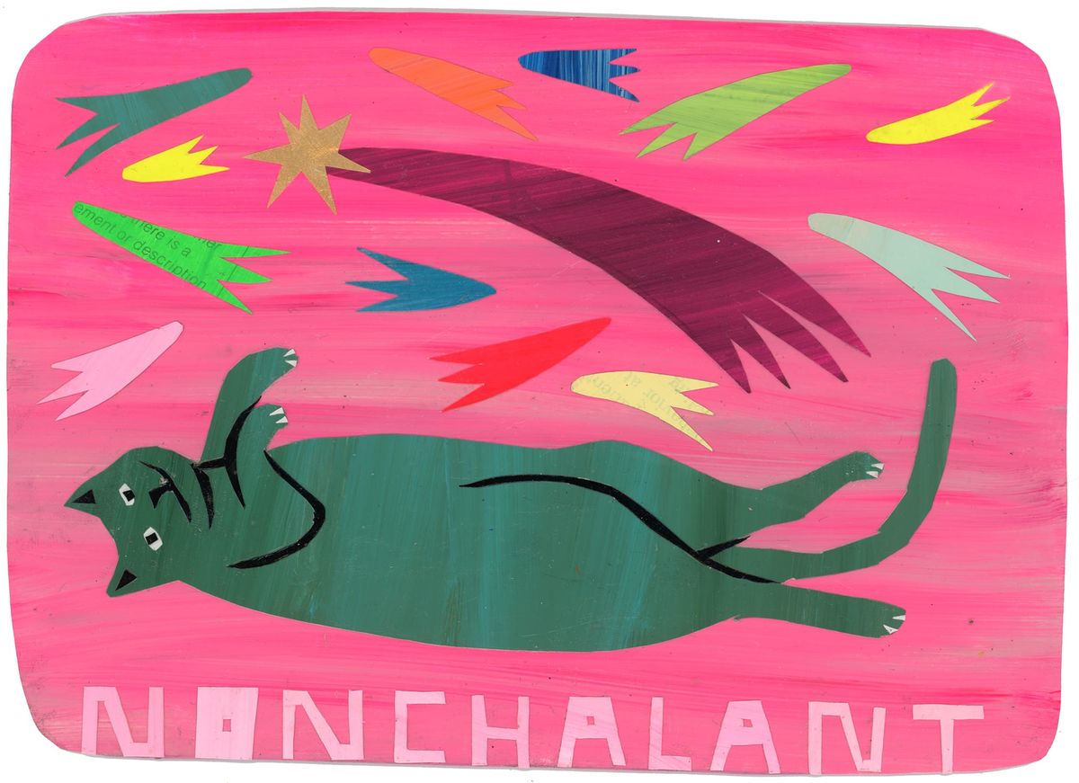 a green cat laying on her back on a pink background with comets overhead. Below it says "nonchalant" in light pink.