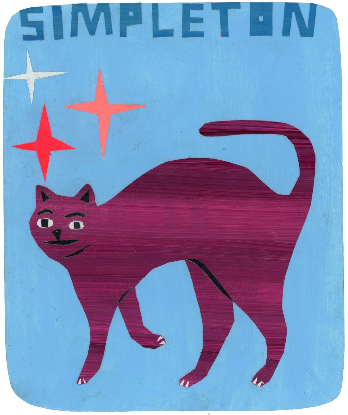 Burgundy cat on a blue background with 3 stars above his head and the word "simpleton" written in dark blue at the top.