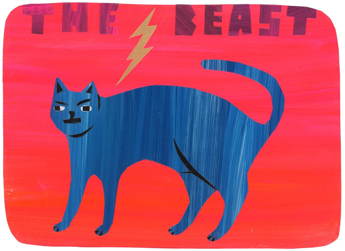 Blue cat standing on a red background. “The beast” is at the top with a lightning bolt between the words. 