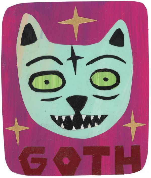 A picture of a cat's head on light blue. The background is dark pink and there are 3 gold stars around the head. It says got in burgundy below. 