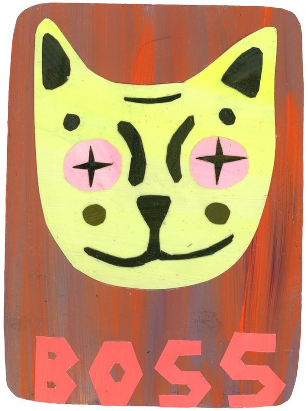 A yellow cat head with pink eyes on an orange background. At the bottom of the page is the word "boss."