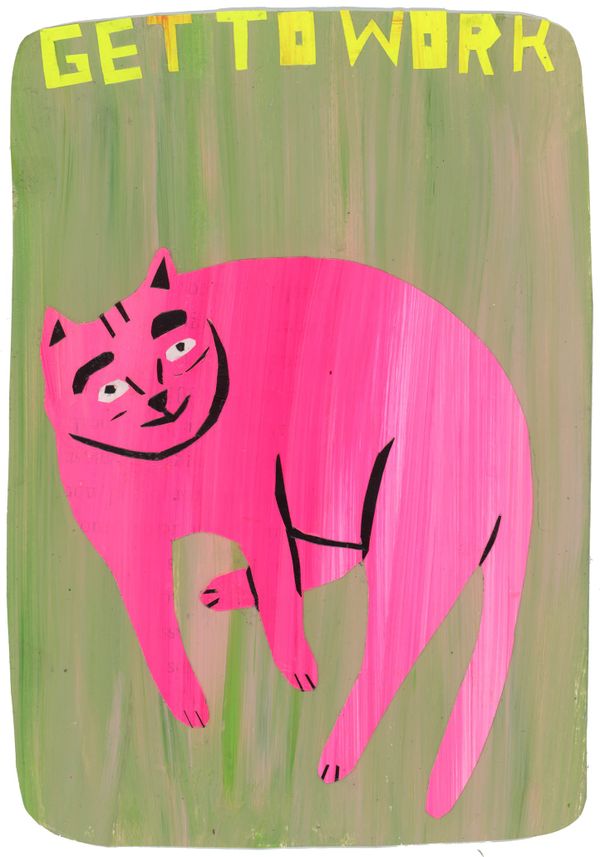 Pink cat on green background. The cat is laying down. At the top it says “get to work.