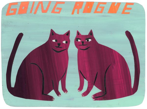 Two burgundy cats sitting down and facing each other on a light blue background. It says "going rogue" in orange at the top.