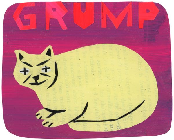 A yellow cat in loaf mode with a grumpy face. Above the cat is the word “grump” in bright orange. The background is magenta.