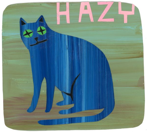 A sitting blue cat on a light blue-ish green background with the word "hazy" in pink at the top.