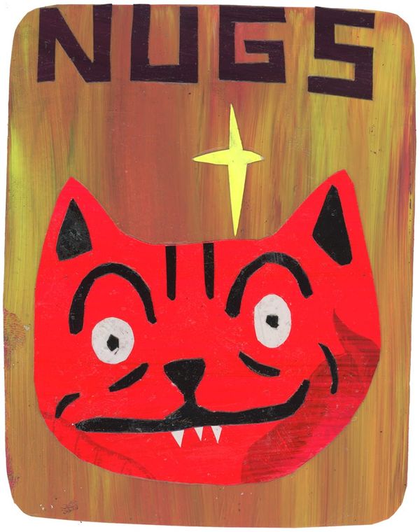A red cat head with a goofy face. The background is reddish greenish yellowish. There is a star above his head. At the top of the vertical page is the word "nugs."