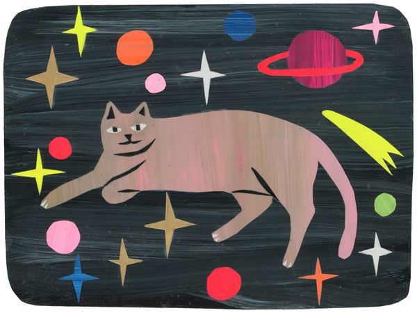 A pink cat laying down with comets and stars surrounding her. Dark gray background. 