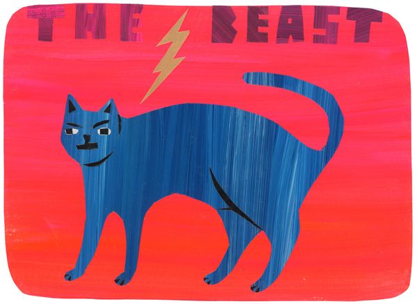 Blue cat standing on a red background. “The beast” is at the top with a lightning bolt between the words. 