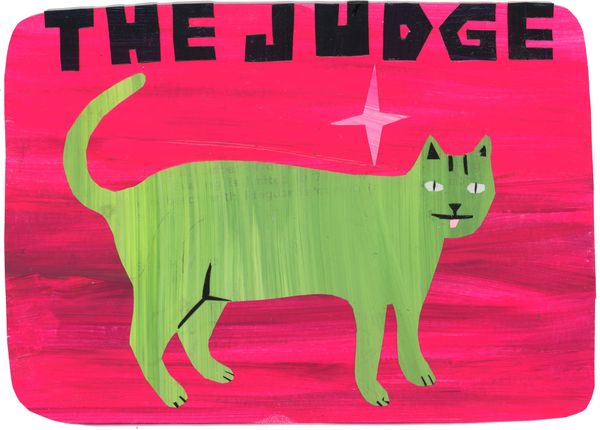 A green cat on a pink background. Above the cat are the words “the judge” in black.