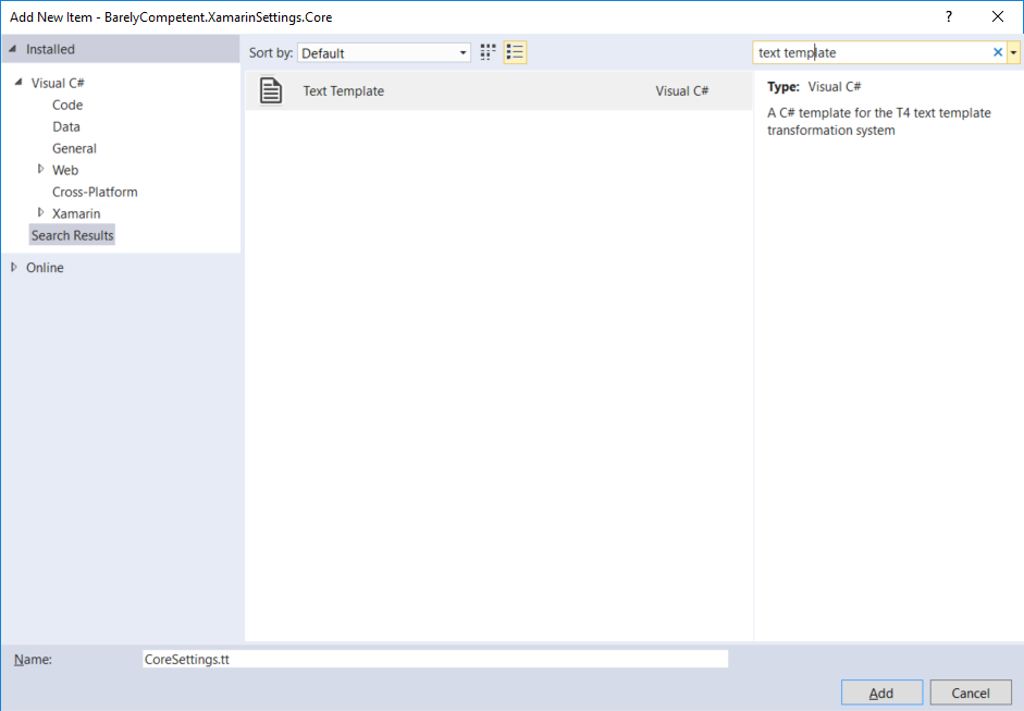 Add new item dialog with text template highlighted