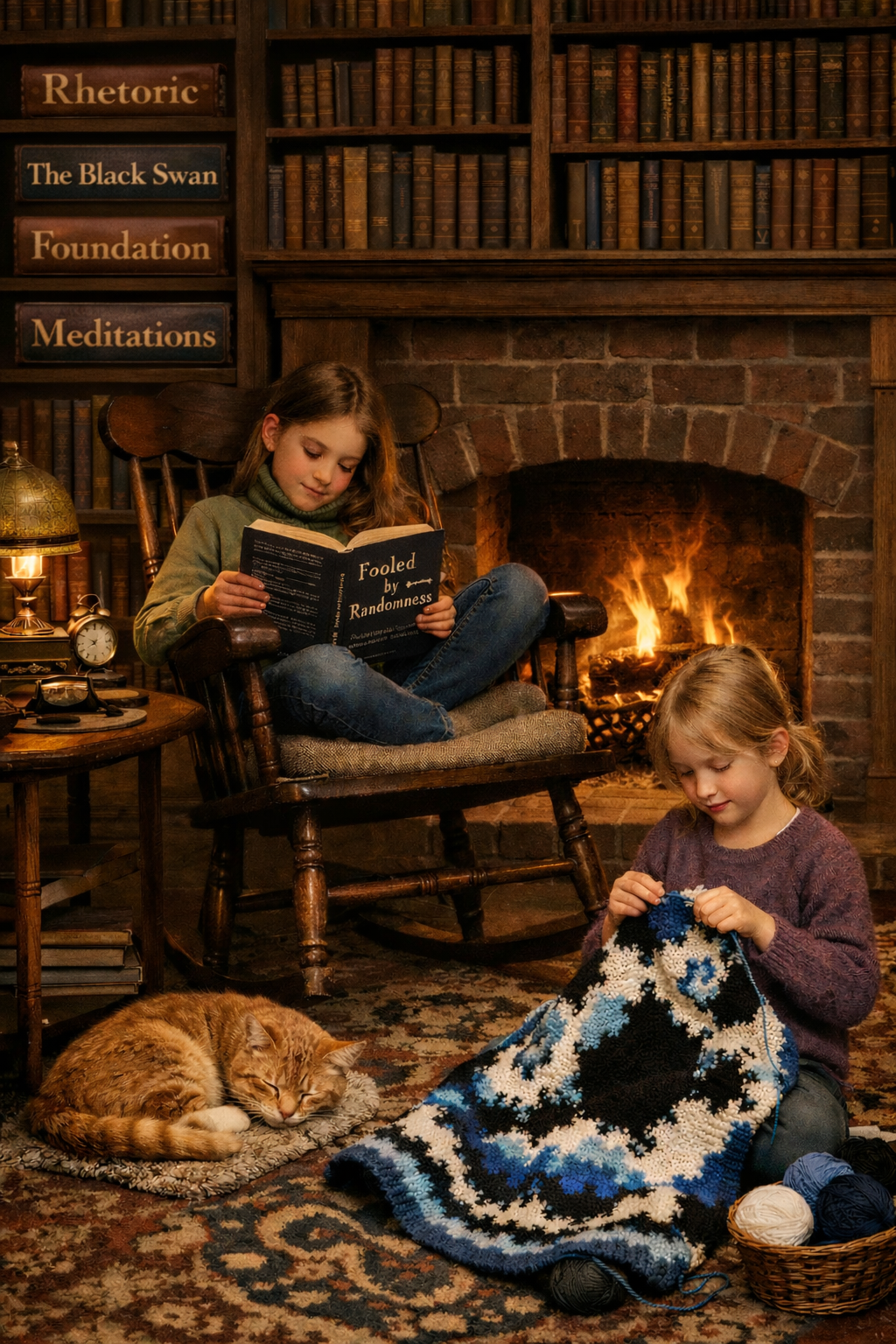 Two sisters sit in front of a fireplace with their cat. On is in a rocking chair reading Fooled by Randomness. The other is knitting a mandelbrot patterened quilt. Bookshelves in the background. Four book titles are visible: Rhetoric, The Black Swan, Foundation, and Meditations.