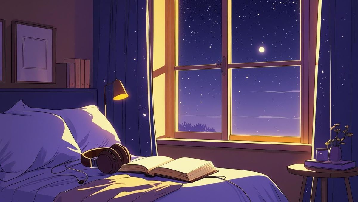 An illustated image of a nighttime scene in a bedroom with a pair of headphones and a book on the bed.