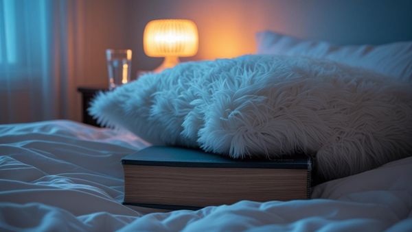 A bedroom scene with a textbook shoved under a fuzzy pillow