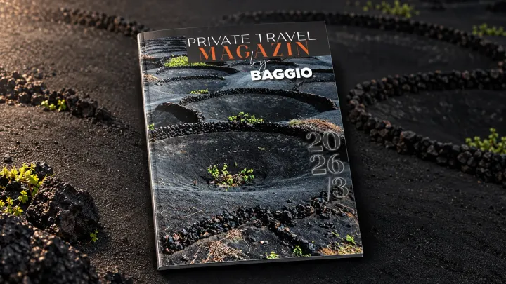 A PRIVATE TRAVEL MAGAZIN 2026/3. számának borítója, La Geria vulkanikus szőlővidékével