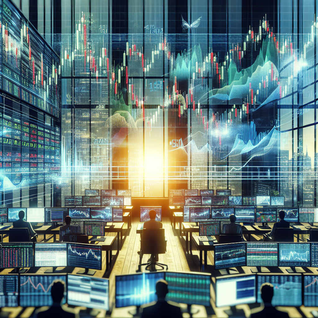 A brokers office in a tall sky scraper catching the sunrise while futures symbols are on their charts