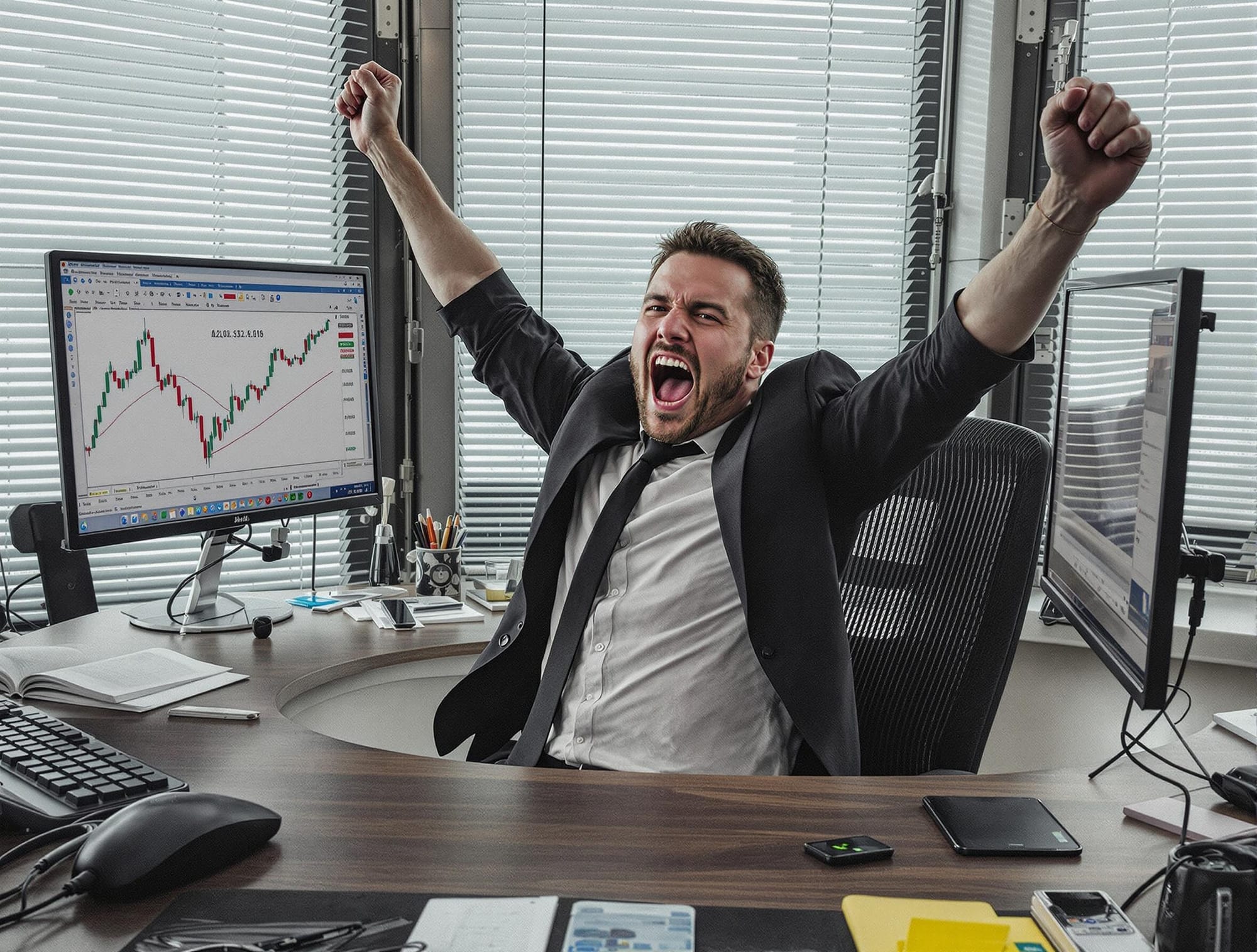 An excited man after a winning trade before the futures rollover contracts happen