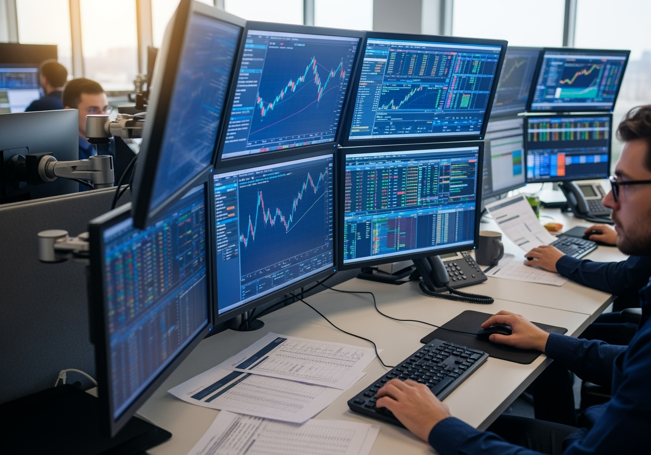 A trader looking at a screen to see if he should go long vs go short