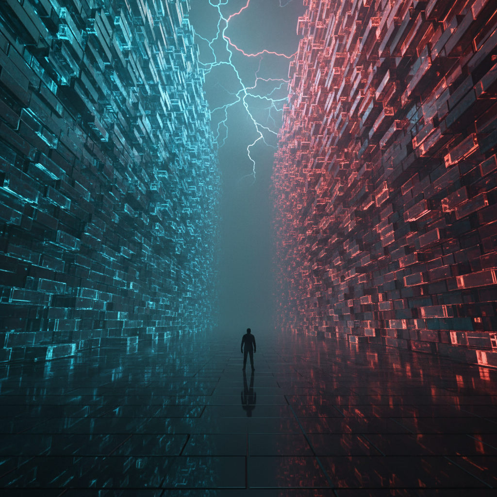 A graphic of man looking at red and blue blocks figuring out how to buy and sell
