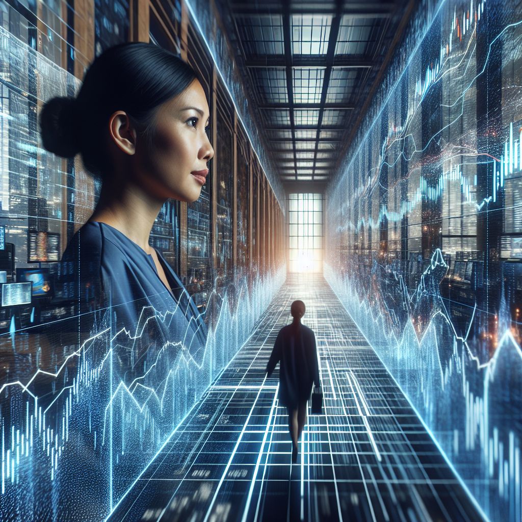  Graphic of a women walking on a digital bridge surrounded by digital screens with charts related to what is a funded trading account