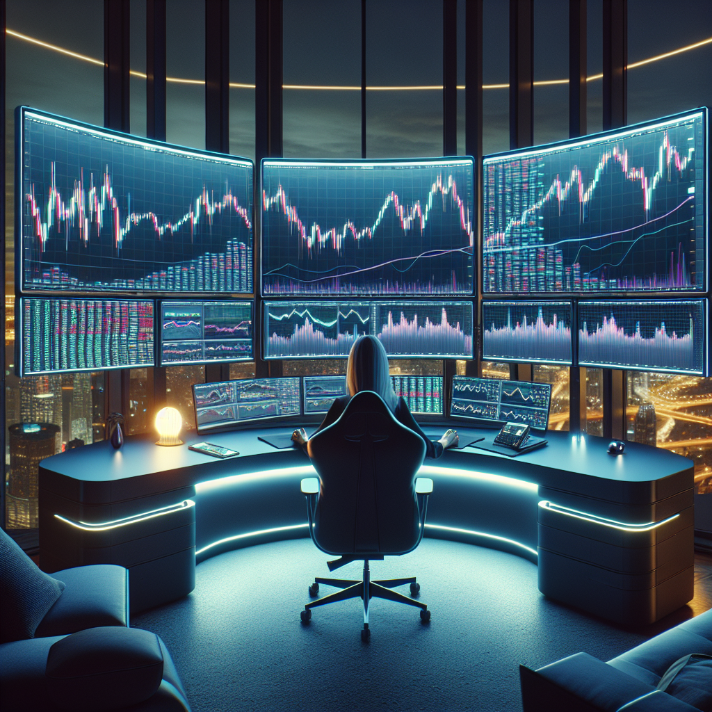 Graphic of a women sitting at a desk overlooking a city with four computer screens couches and LED lights related to how to get funding for futures trading prop trading