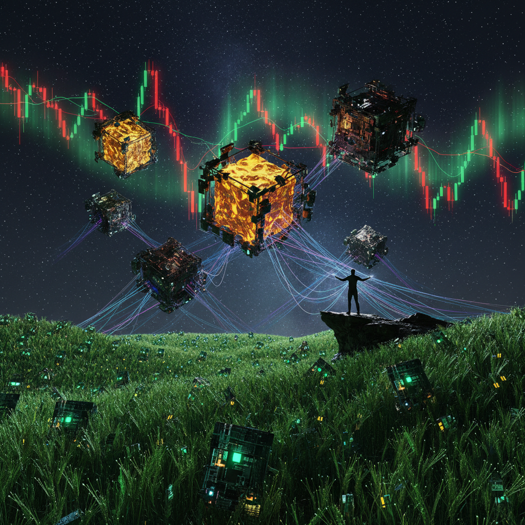 Graphic of a man looking at floating cubes in a grass setting with a backdrop of a candle charts what does pnl mean in trading