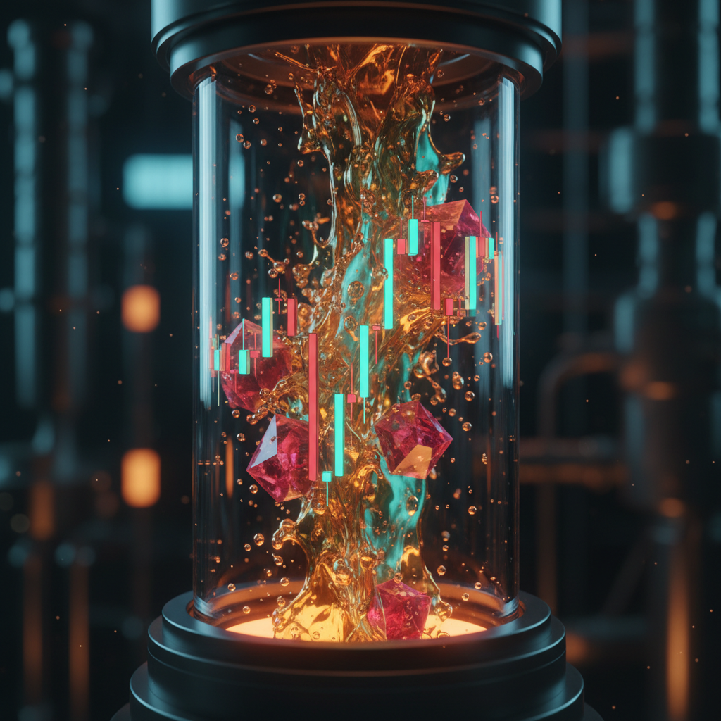 Graphic of a glass cylinder with candles and charts with orange backdrop related to taxes on funded trading accounts