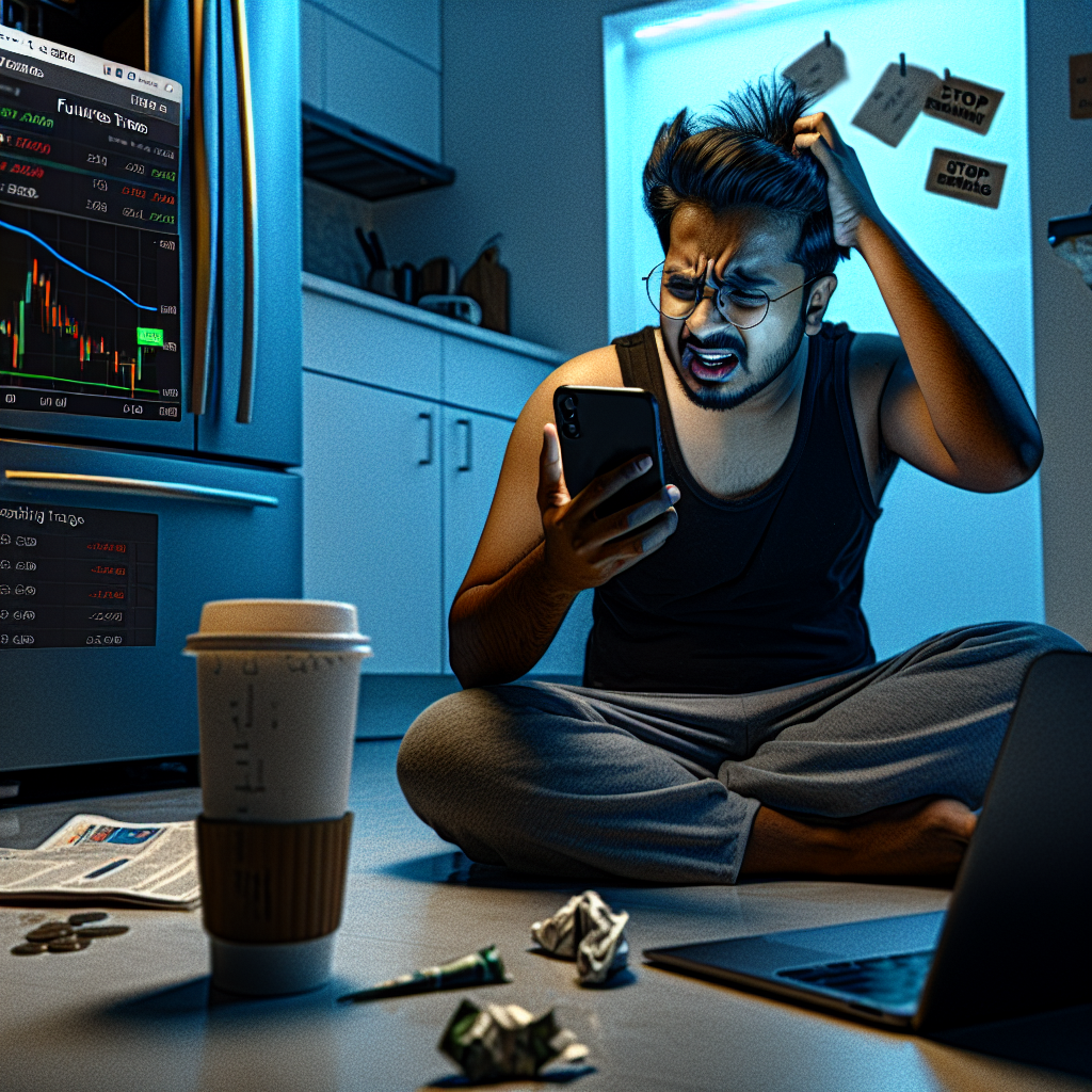 Graphic of a man sitting on the floor infront of a laptop with cofee beside him and charts in the background related to do pattern day trading rules apply to futures