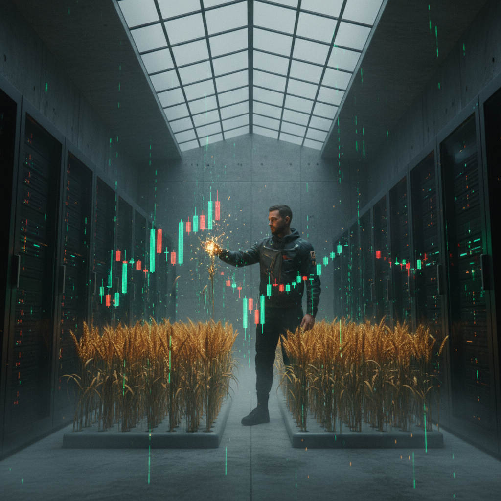 Graphic of a man standing between two wheat crops, looking at a floating digital chart in a large room.