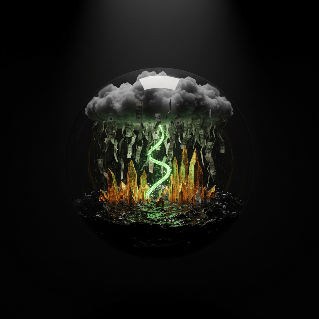 Graphic of a cloud raining money into water with gold crystals in it, which resonates with funding traders.