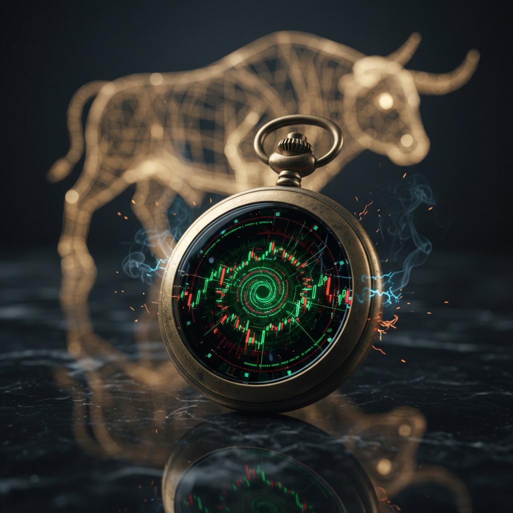 Graphic of a clock with charts on it, set on a marble-like floor, with a golden bull behind it, representing types of margin.