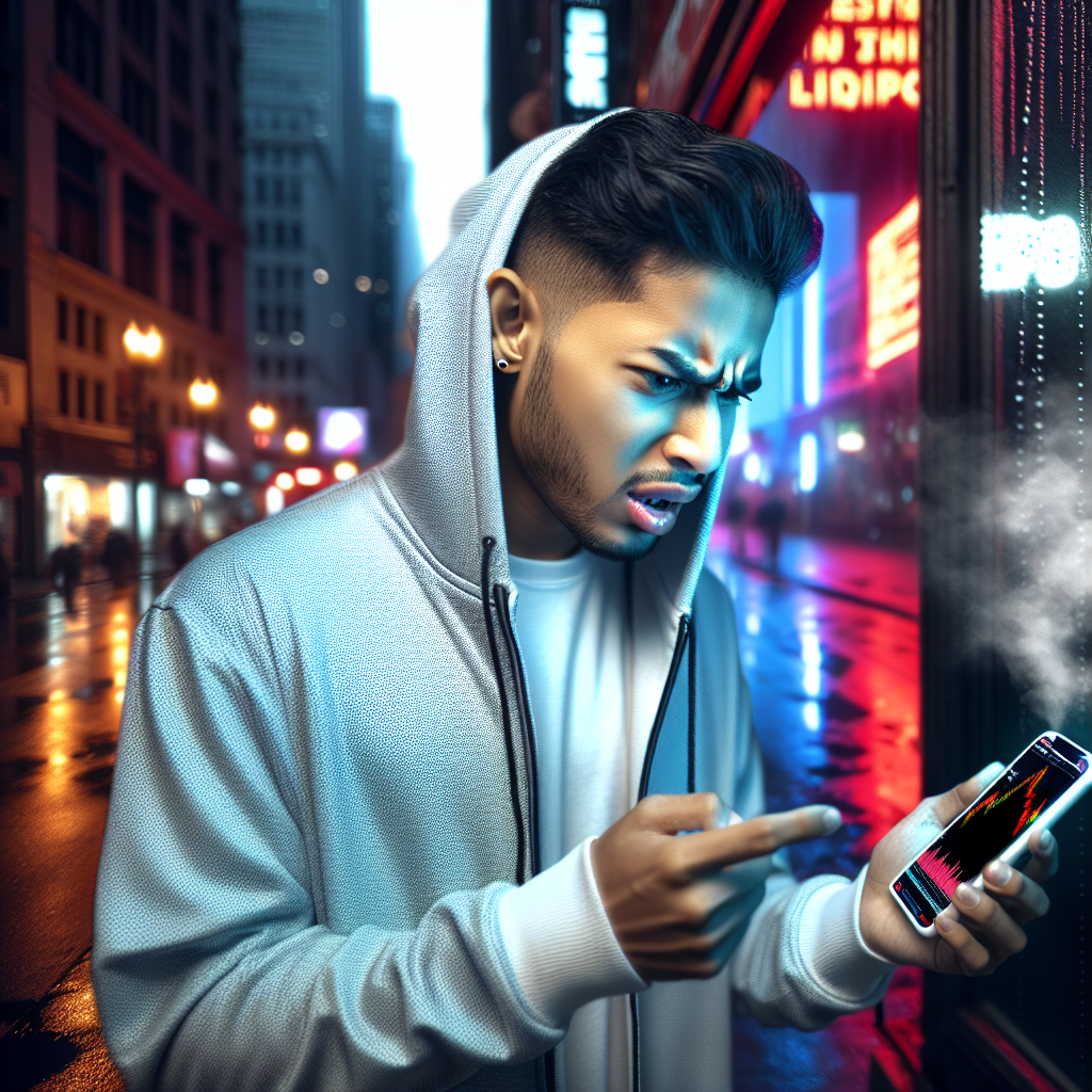 Graphic of a man looking at his phone, viewing charts while standing on a city street, related to “what’s a funded account.”