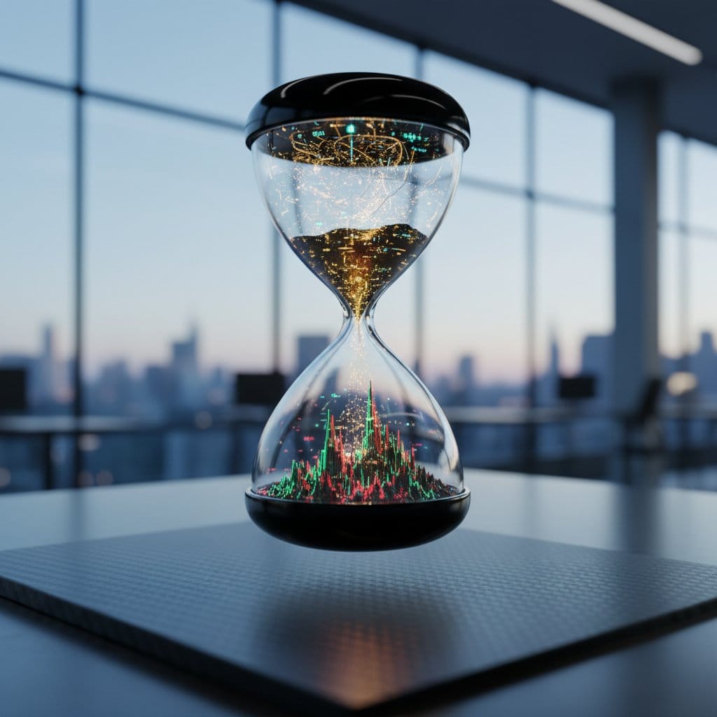Hourglass containing trading charts symbolizing same-day prop firm payouts and fast funding timelines