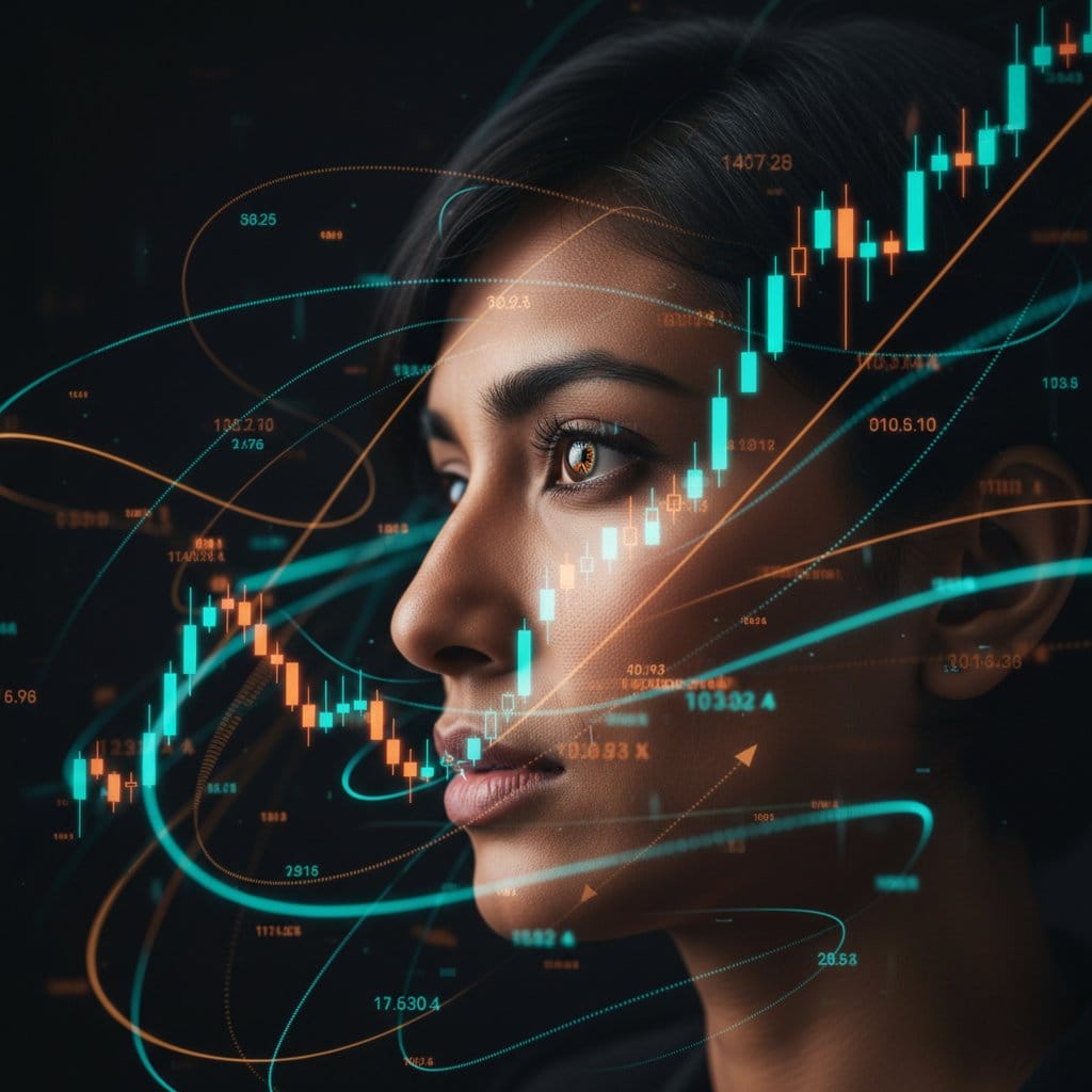 Focused futures trader analyzing candlestick charts and price data while comparing prop firms for futures