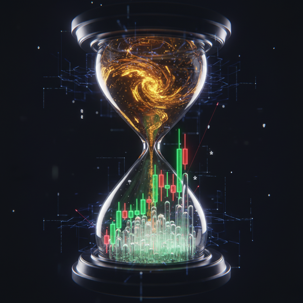 Graphic of an hourglass with financial charts in the lower half and gold material in the upper half, on a black background.