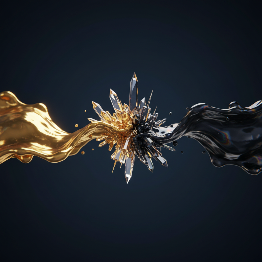 Graphic of Gold and black liquid streams colliding with crystals exploding at the center.