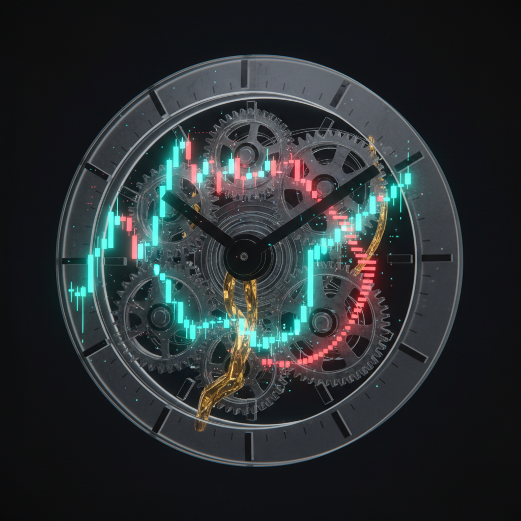 A transparent mechanical clock face shows interlocking gears behind the hands, overlaid with teal and red candlestick charts and a ribbon of flowing gold liquid.